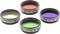 Cztery soczewki filtracyjne w różnych kolorach: żółta, pomarańczowa, zielona i ciemnoniebieska, każda z oznaczeniem swojego rozmiaru i numeru.