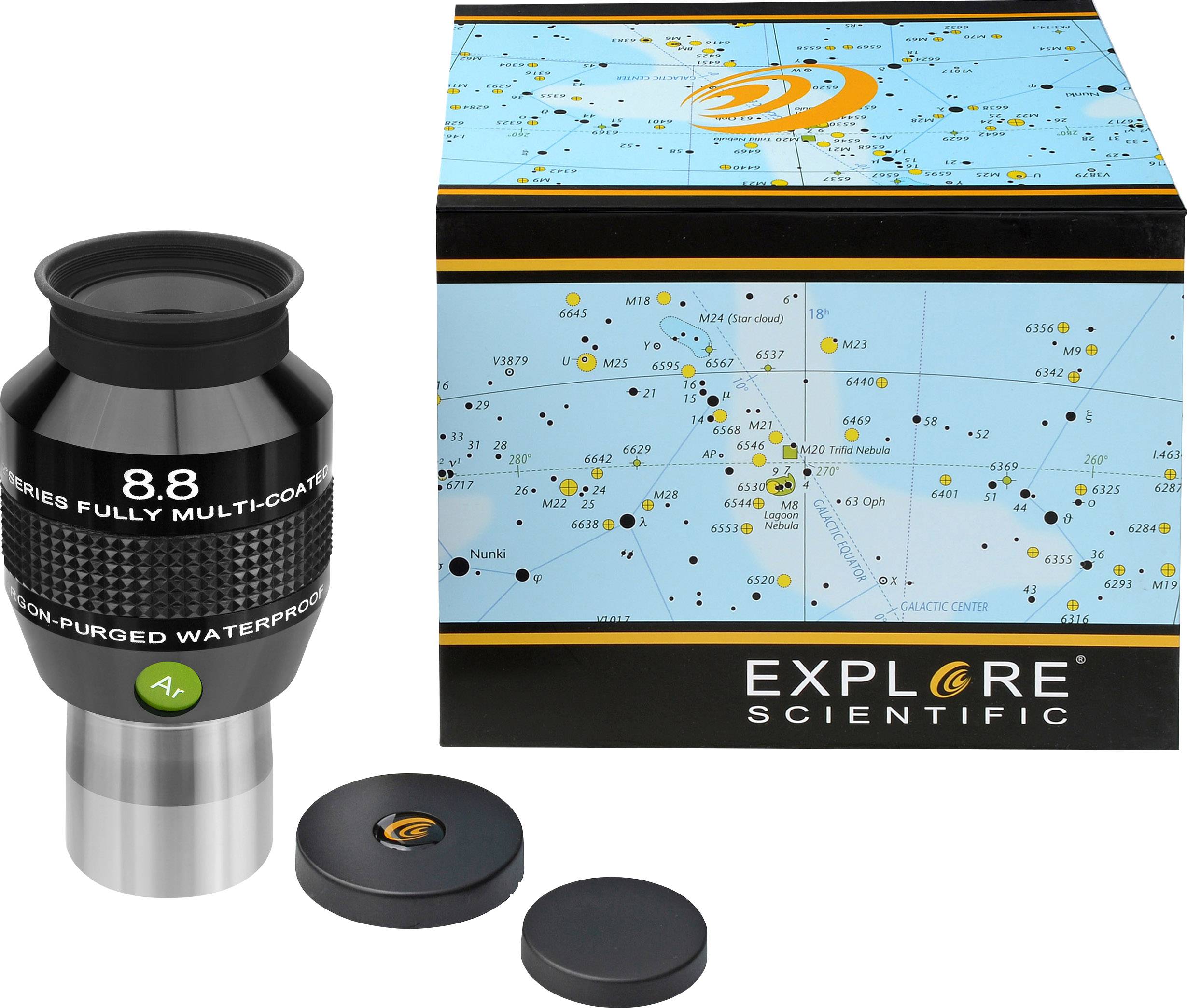 Okular teleskopu i opakowanie firmy Explore Scientific. Opakowanie przedstawia mapę nieba. Utrzymane głównie w kolorach czarnym i niebieskim.