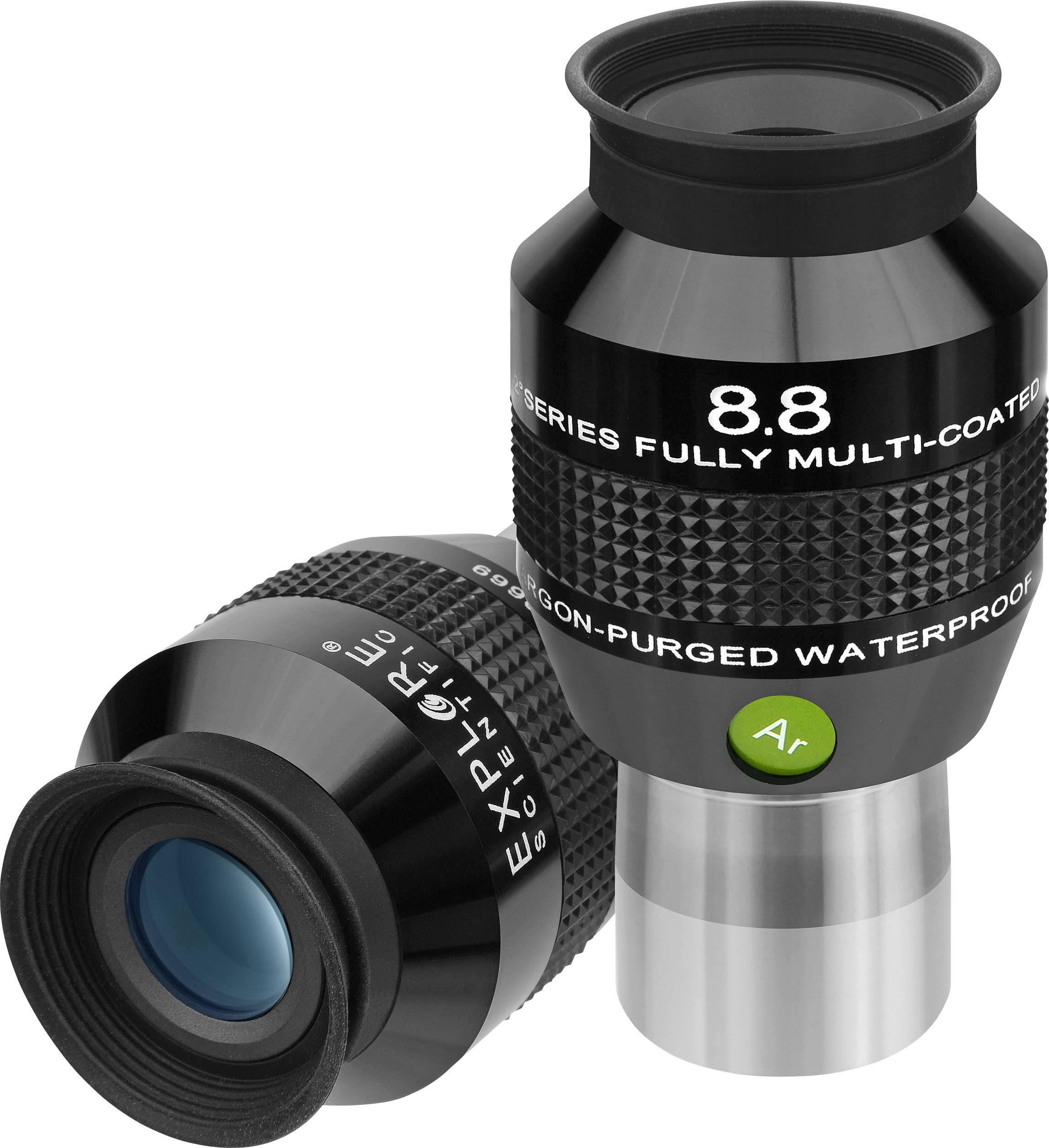 Okularki teleskopu, czarne z srebrnym złączem, wykazują powłokę wielowarstwową i są wypełnione argonem.