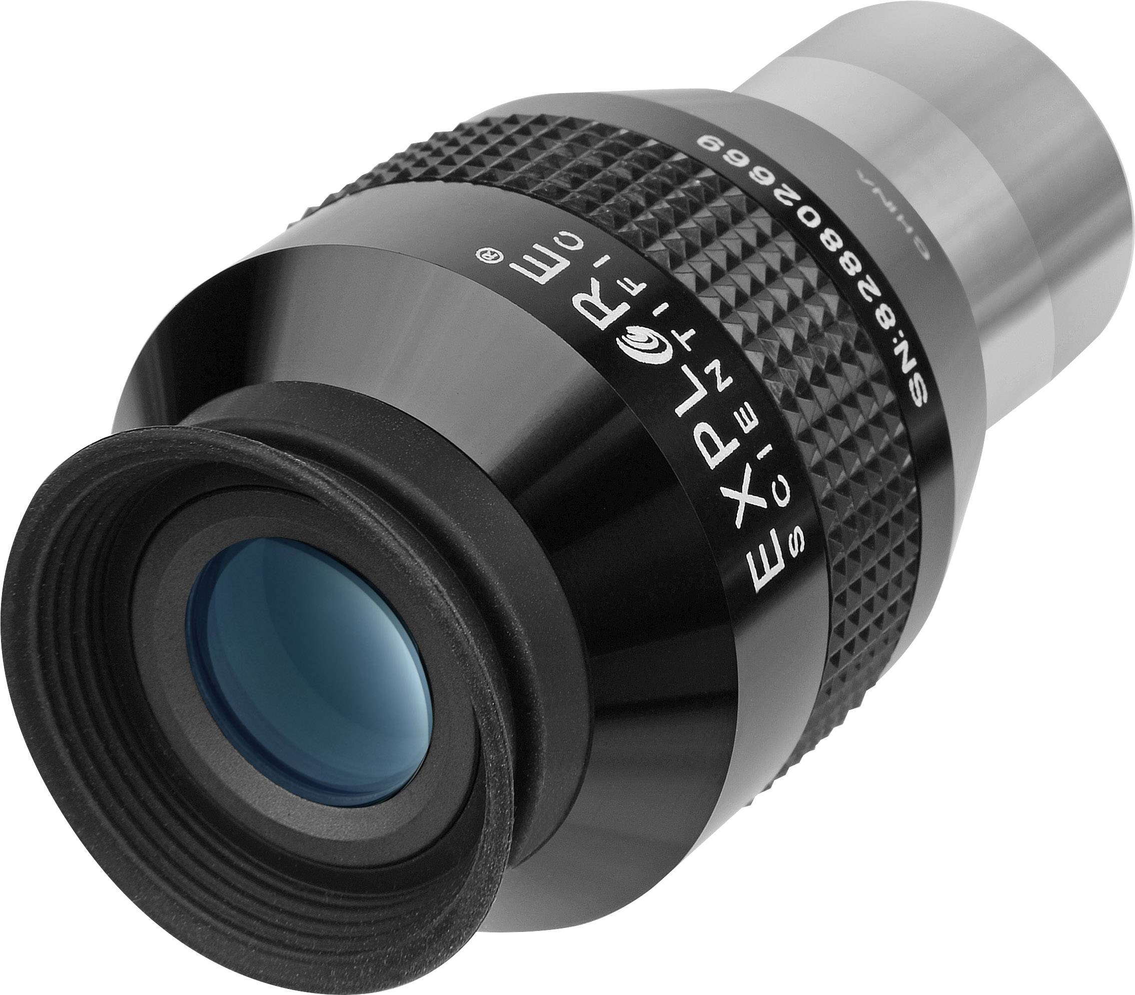 Czarna okularowa soczewka teleskopu z napisem 'Explorer Scientific'.