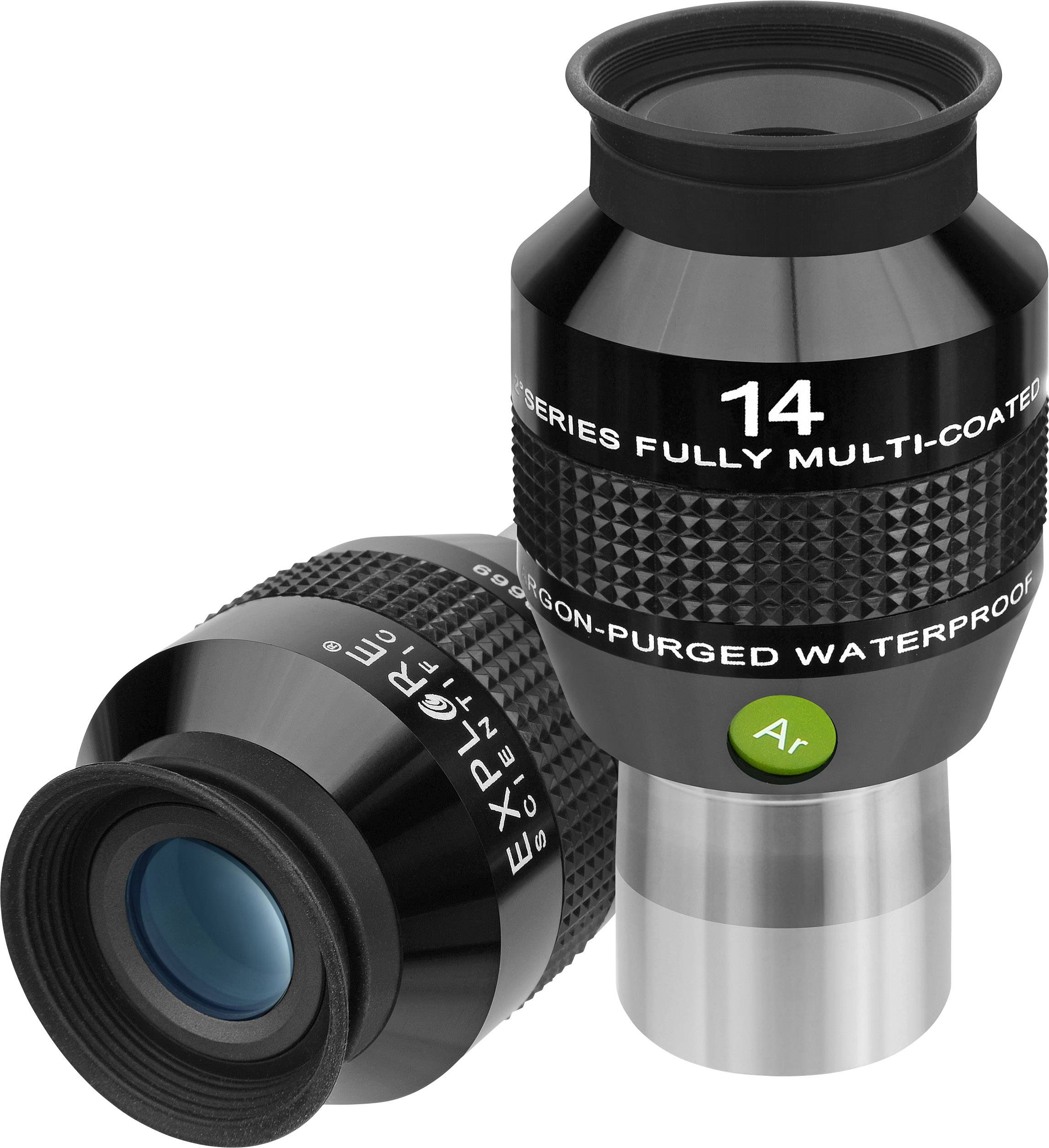 Dwa czarne teleskopowe okulary są przedstawione obok siebie. Jeden stoi pionowo, drugi leży na boku. Mają zielone i białe oznaczenia.