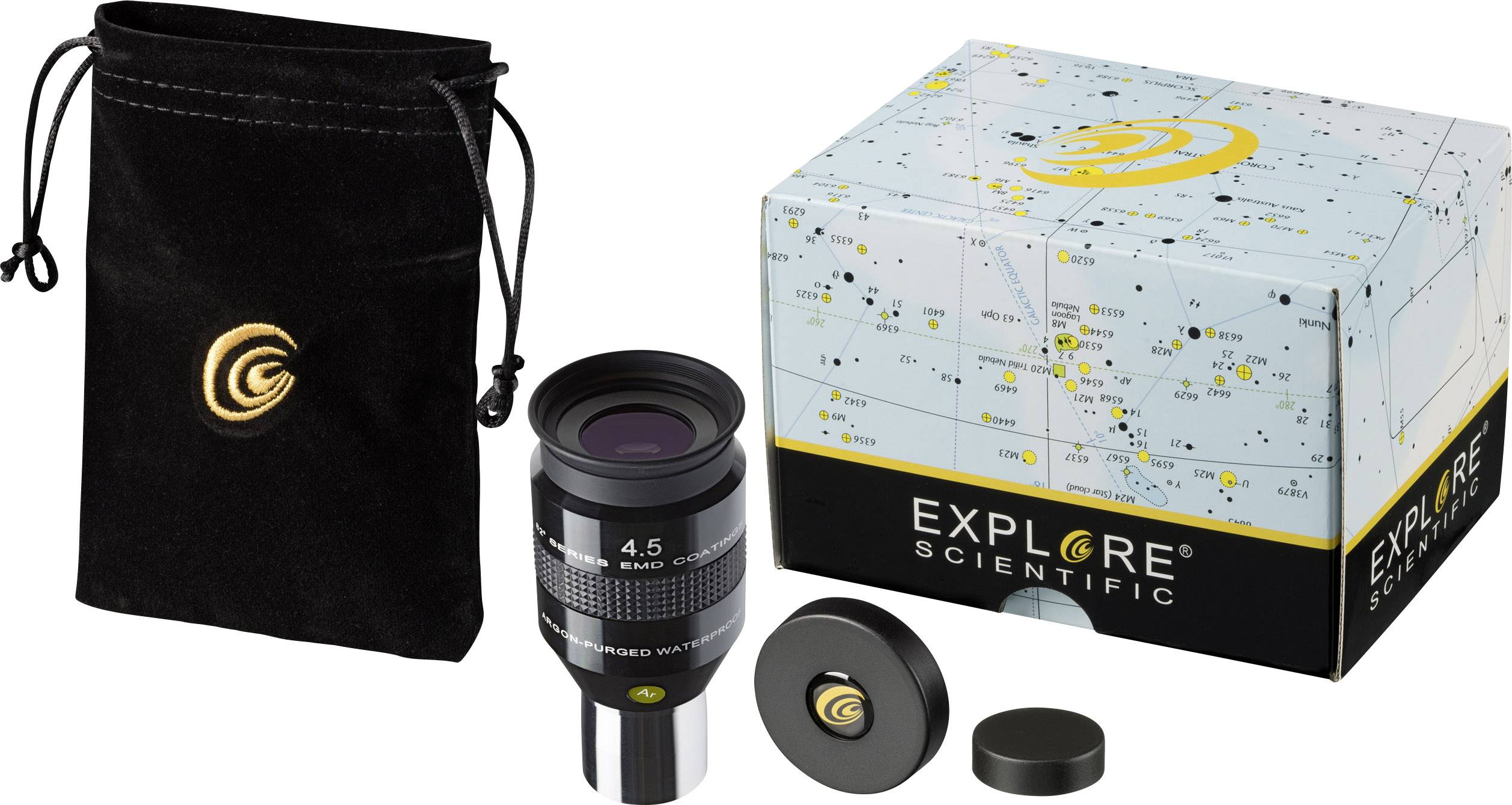 Zestaw teleskopowy z okularem, czarnym etui, nakładkami ochronnymi i pudełkiem z mapą nieba firmy Explore Scientific.