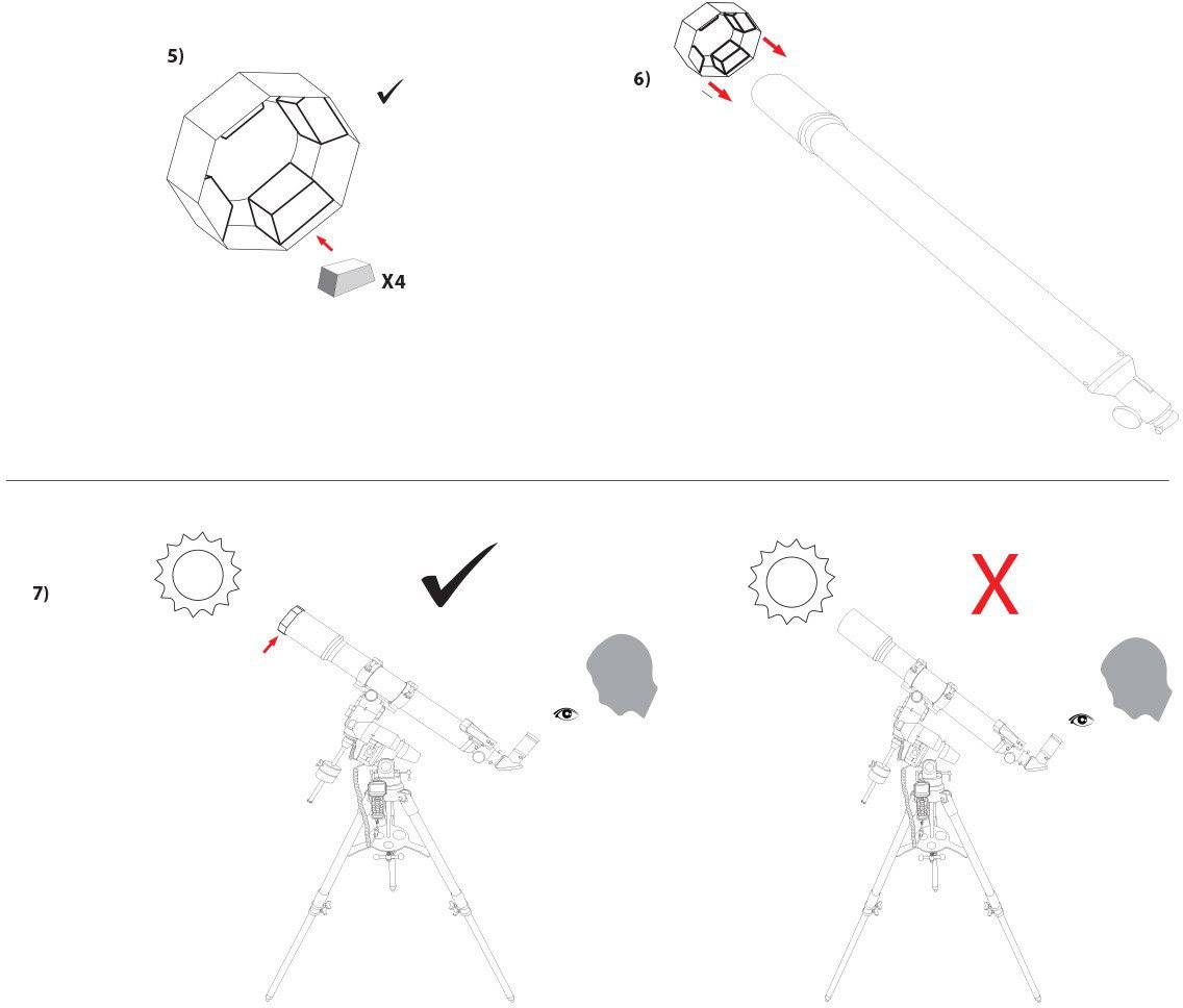 '5) Adapter do okularu przedstawiony na ilustracji jest potrzebny czterokrotnie.' '6) Włożyć rurę zgodnie z zaznaczonymi strzałkami.' '7) Prawidłowe i nieprawidłowe ustawienie teleskopu z symbolami słońca i głową.'