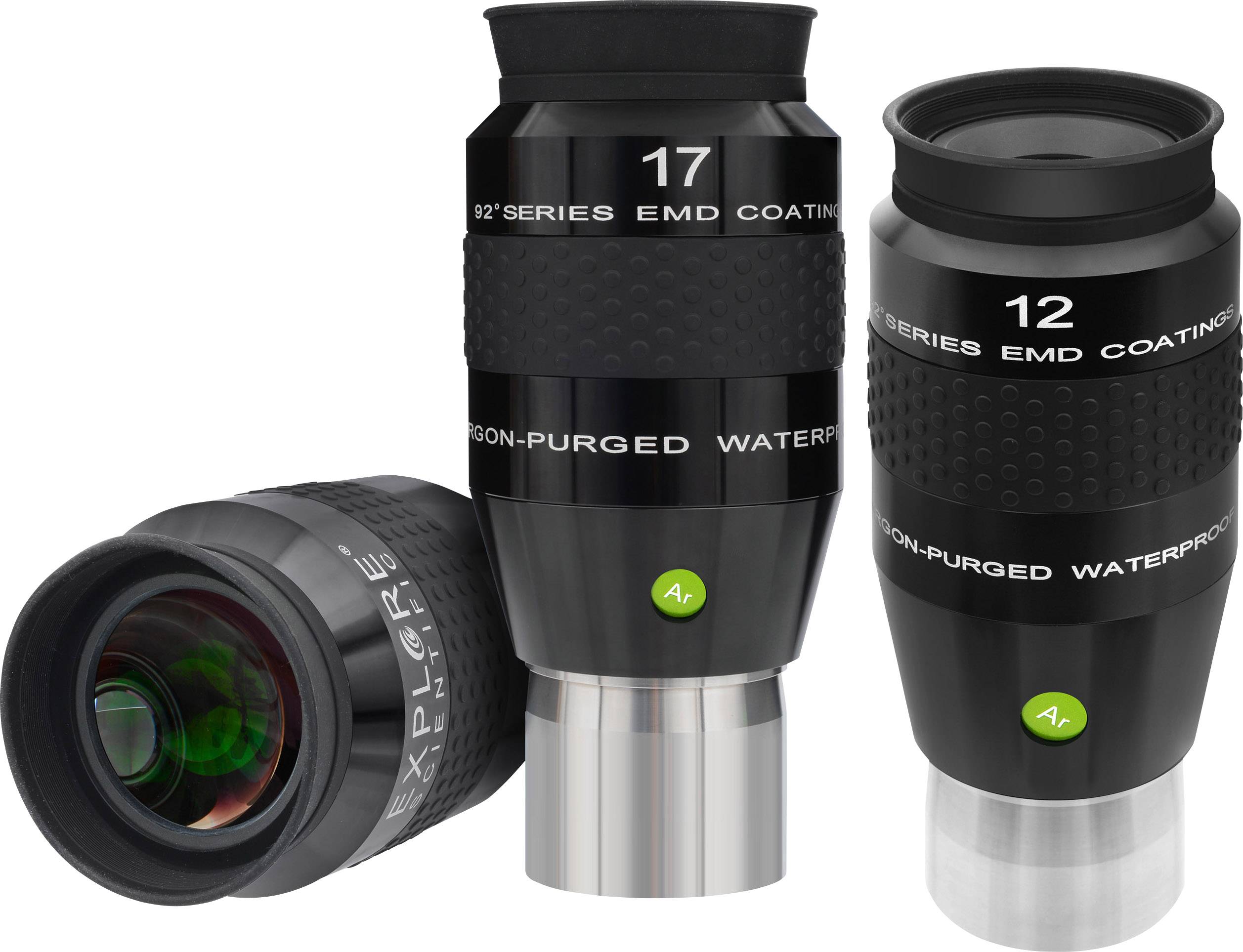 Trzy czarne teleskopowe okulary z napisami '92° Series EMD Coating', '17' i '12'. Jeden pokazuje soczewkę, dwa stoją pionowo.