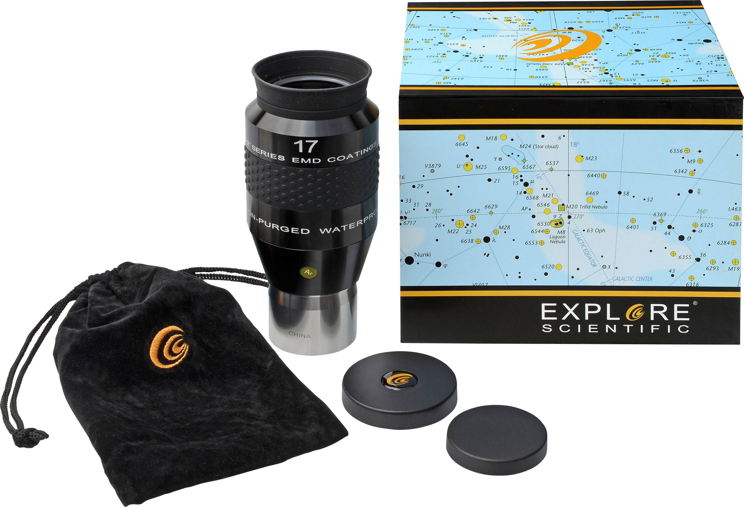 Okular firmy Explore Scientific z akcesoriami: pudełko, etui do przechowywania i nasadki ochronne. W zestawie dołączona jest mapa nieba.