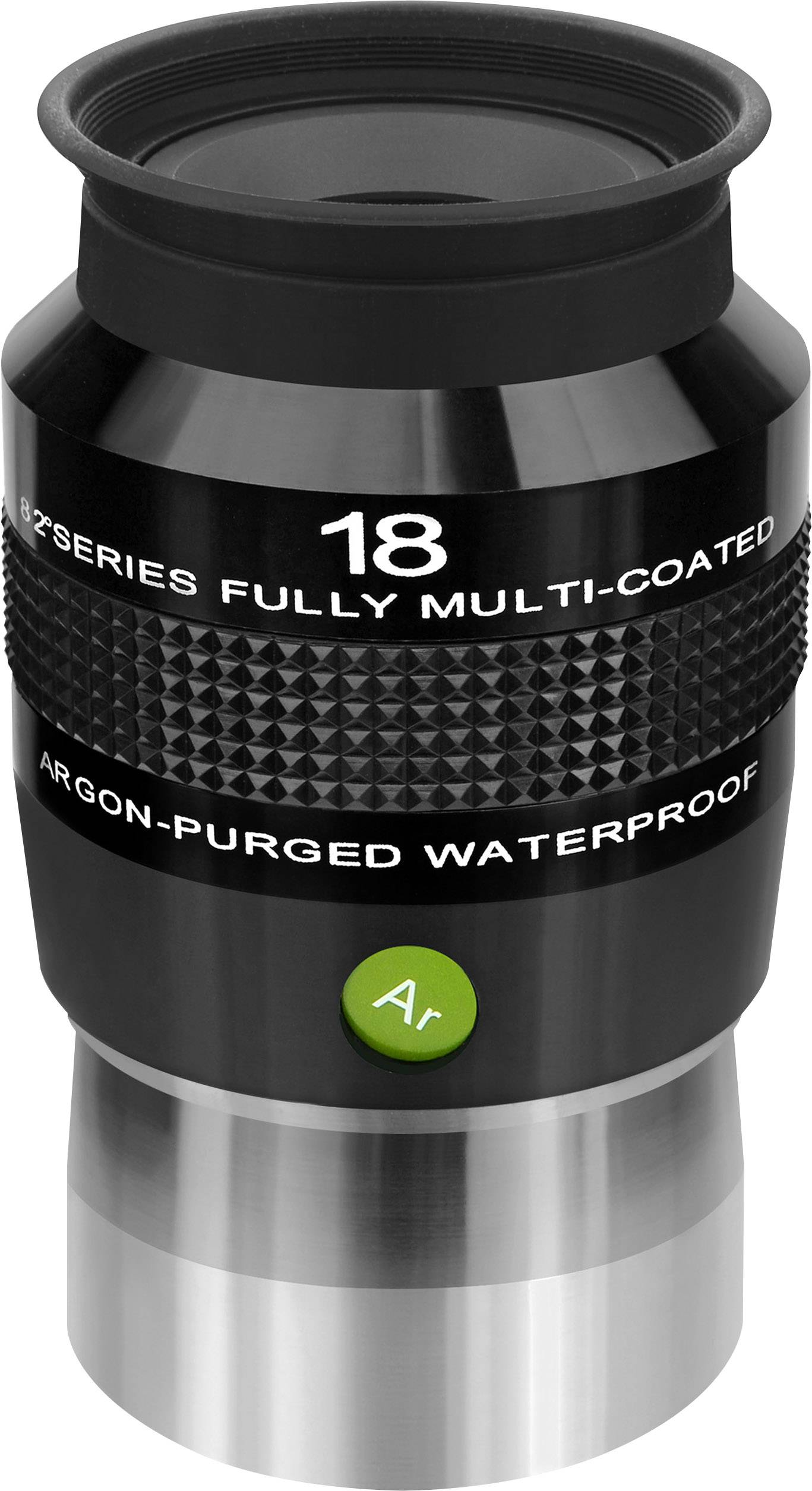 Czarno-srebrne okular teleskopu z napisem '18', 'EF Series Fully Multi-Coated' oraz 'Argon-Purged Waterproof'.
