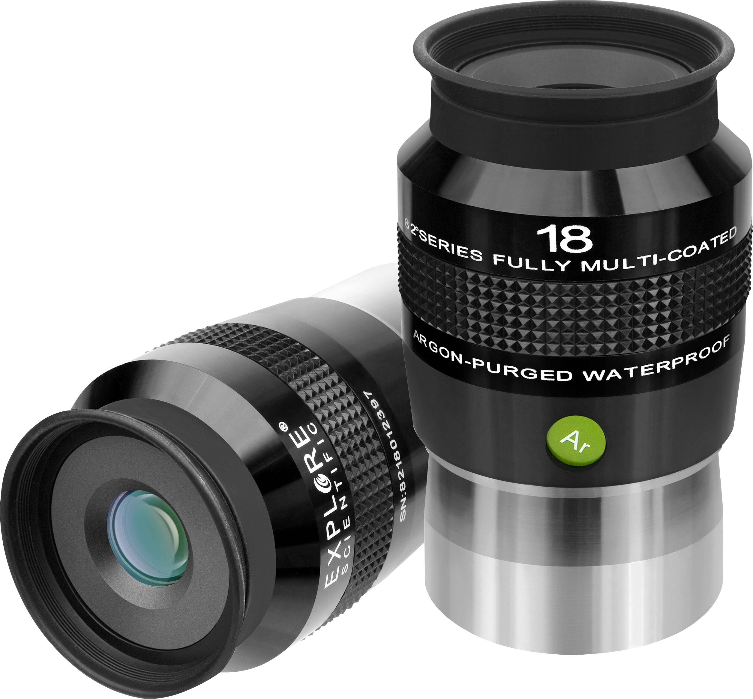 Dwa czarne teleskopowe okulary z napisami: '18 mm', 'Wielowarstwowa powłoka antyodblaskowa', 'Hermetyczne, napełnione argonem'.