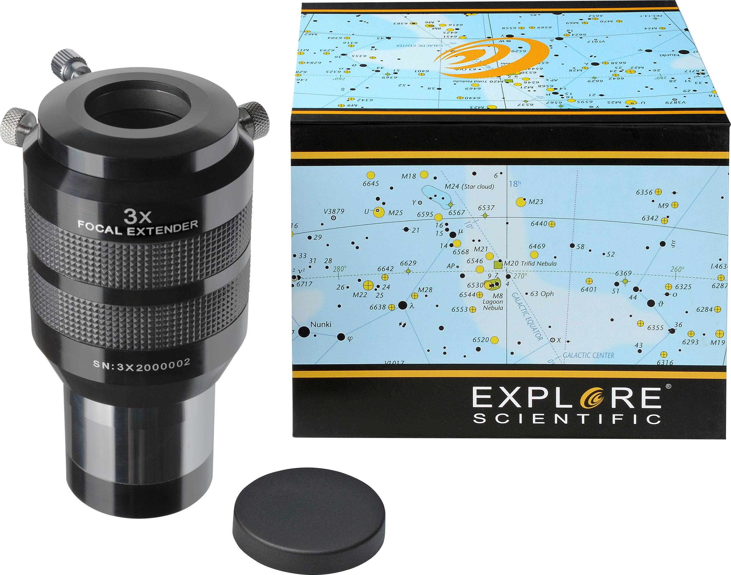 Czarno-srebrny 3x telekonwerter Explore Scientific, przedstawiony obok pudełka z mapą nieba.