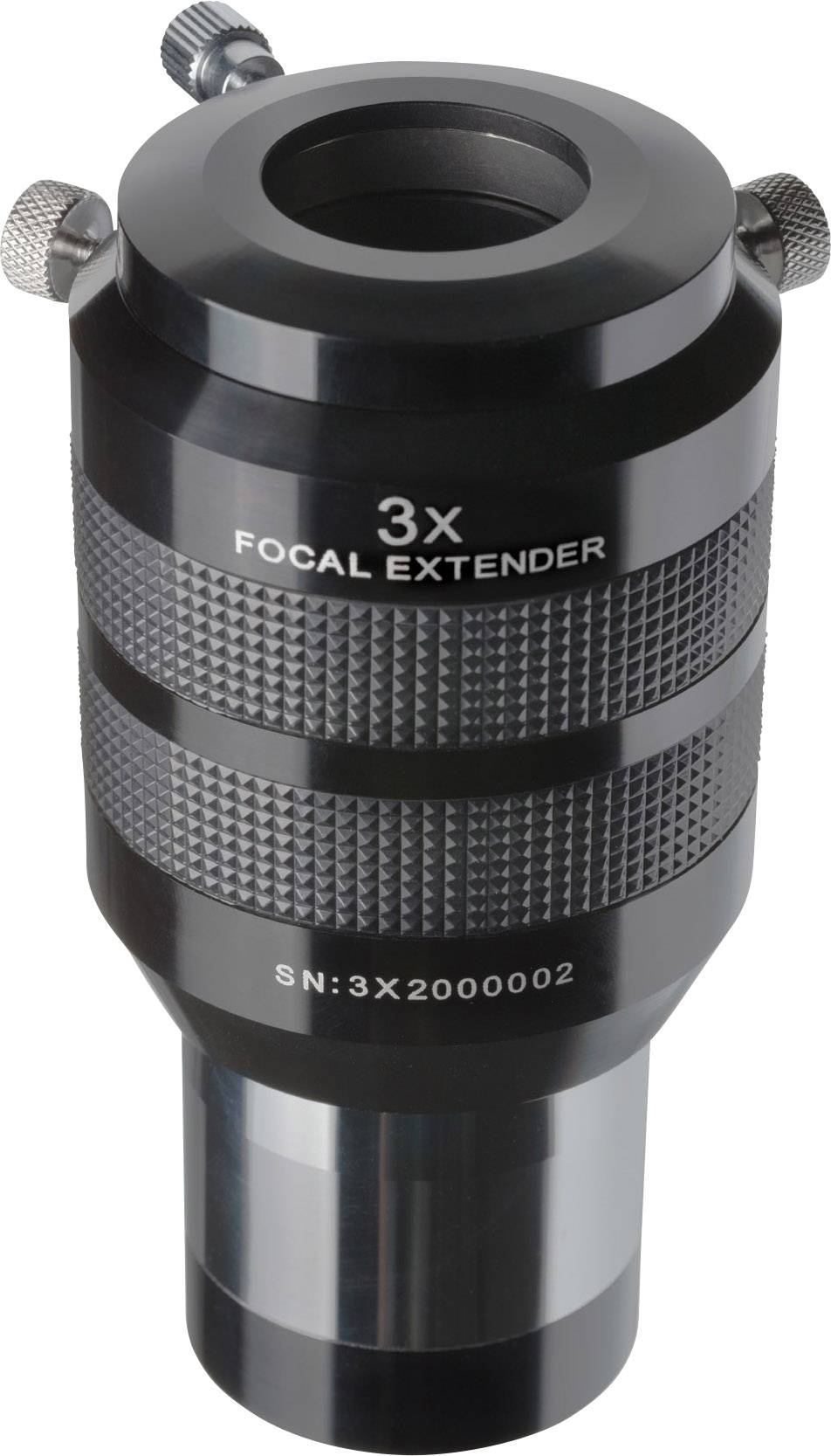 Czarny 3-krotny telekonwerter Focal z ryflowaną powierzchnią i srebrnymi śrubami, oznaczony numerem seryjnym SN:3X2000002.