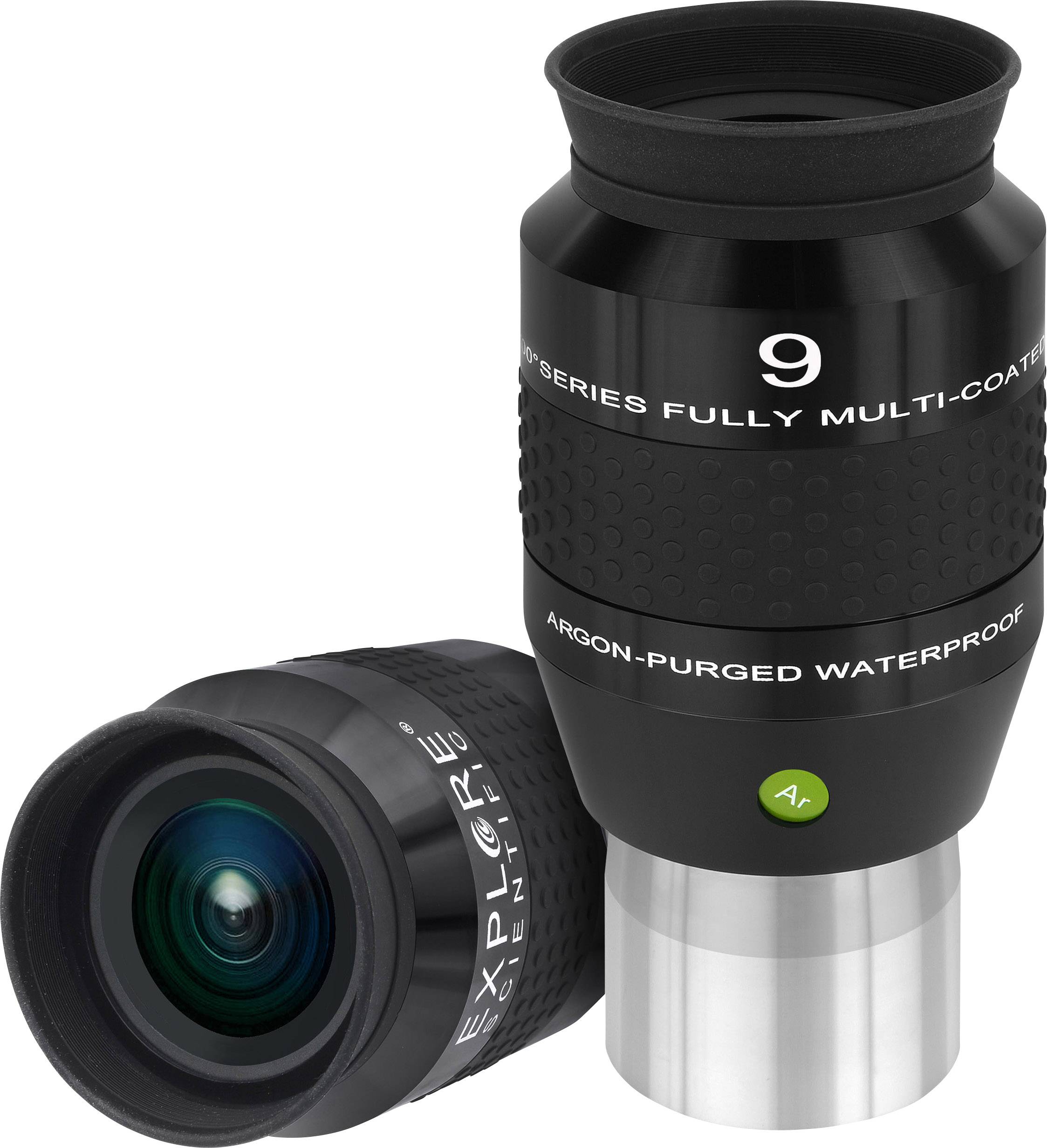 Czarne okular teleskopowy z napisem '9', sugerujący wodoodporność i wielowarstwowe powłoki, na białym tle.