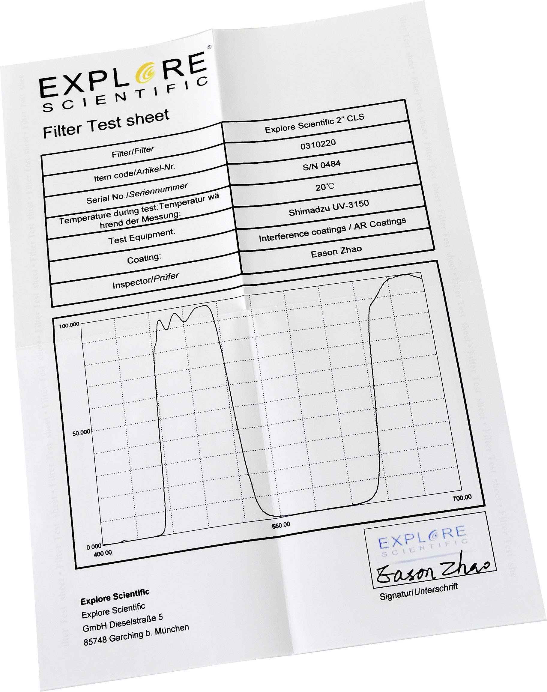 Formularz testowy filtra Explore Scientific z diagramem transmisji w funkcji długości fali. Podane są szczegółowe informacje o filtrze i jego numerze seryjnym.