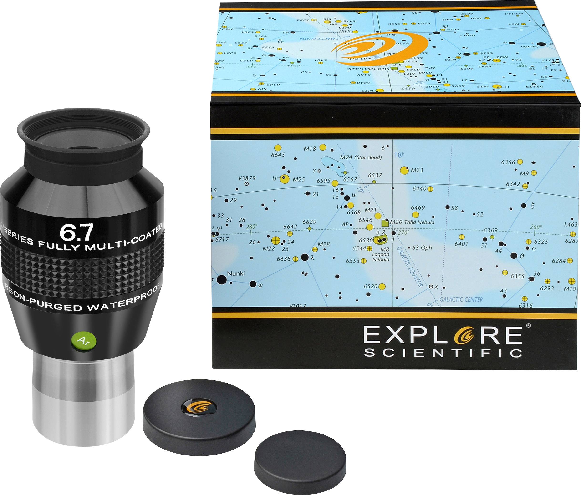 Okular obok szczegółowej mapy nieba na opakowaniu 'Explore Scientific'. Idealne dla hobbystycznych astronomów.