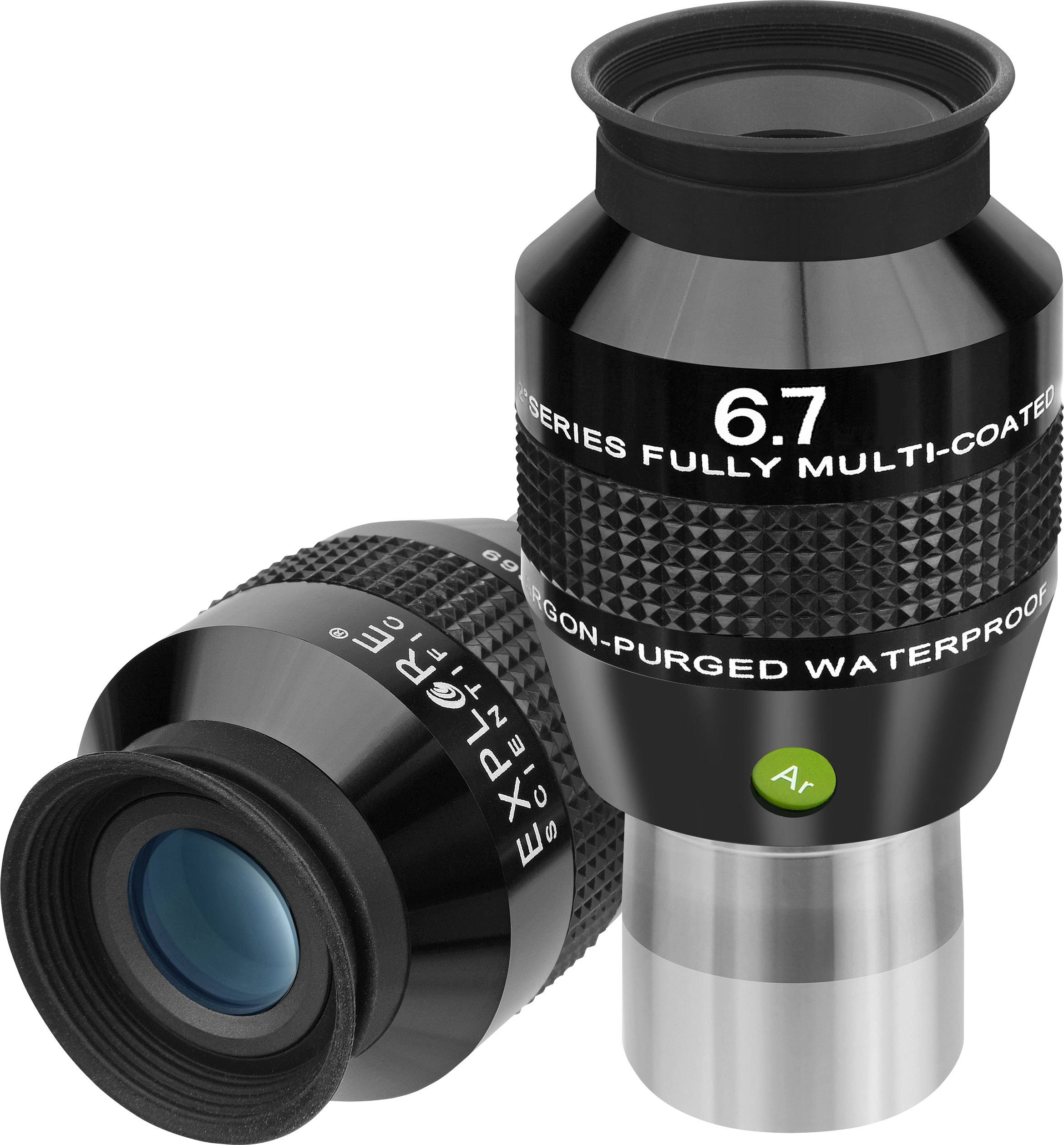 Dwa wysokiej jakości teleskopowe okulary firmy Explore Scientific. Jeden stoi pionowo, drugi leży, oba w czarnej obudowie.