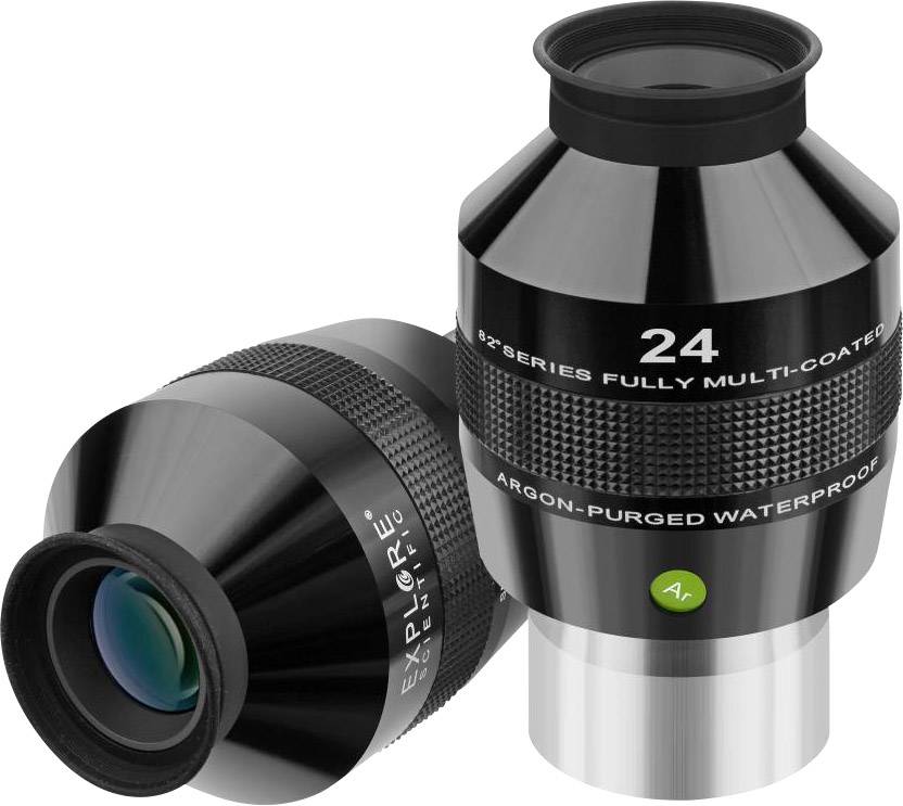 Dwa czarne teleskopowe okulary z zielonymi i białymi napisami; jeden nosi napis 'Explore Scientific', drugi ma '24' i szczegóły techniczne.