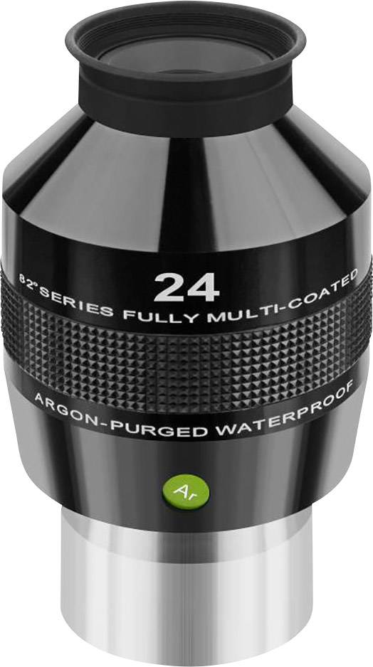 Czarne i srebrne okular teleskopu z napisami '24', '82° seria w pełni wielowarstwowo powlekana' oraz 'Hermetyczny wypełniony argonem'.