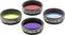 Cztery filtry astronomiczne: żółto-zielony, czerwony, fioletowy i jasnoniebieski w okrągłych oprawkach.