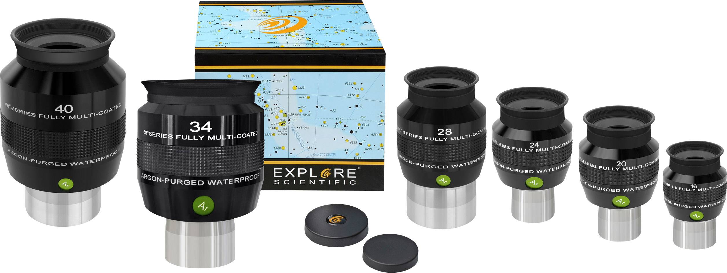 Zestaw okularów do teleskopu marki 'Explore Scientific' otoczony opakowaniem z mapą gwiazdozbiorów.