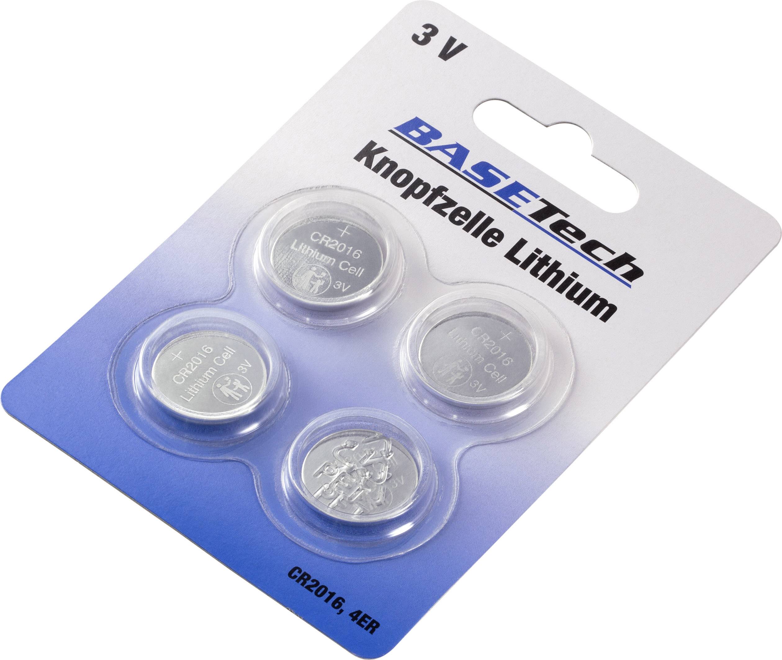 Cztery baterie guzikowe na karcie opakowaniowej. Nadruki: 'BASETech', '3 V', 'Bateria guzikowa litowa', 'CR2016'.