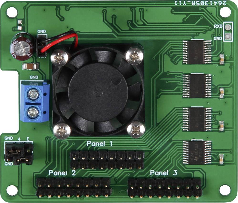 Płytka elektroniczna z małym wentylatorem pośrodku, otoczona kilkoma slotami i obwodami, z napisami 'Panel 1', 'Panel 2', 'Panel 3'.