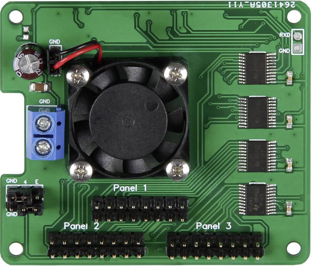 Zielona płytka drukowana z wentylatorem umieszczonym centralnie. Po lewej stronie znajdują się zaciski przyłączeniowe i rezystory. Po prawej stronie widoczne są różne chipy i ścieżki połączeń.