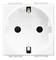 Biała europejska wtyczka, ujęta z przodu, prostokątna z dwoma okrągłymi otworami i uziemieniem.