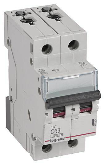 Na ilustracji przedstawiono dwubiegunowy wyłącznik nadprądowy marki Legrand, model C63. Przeznaczony do stosowania w instalacjach elektrycznych jako zabezpieczenie.