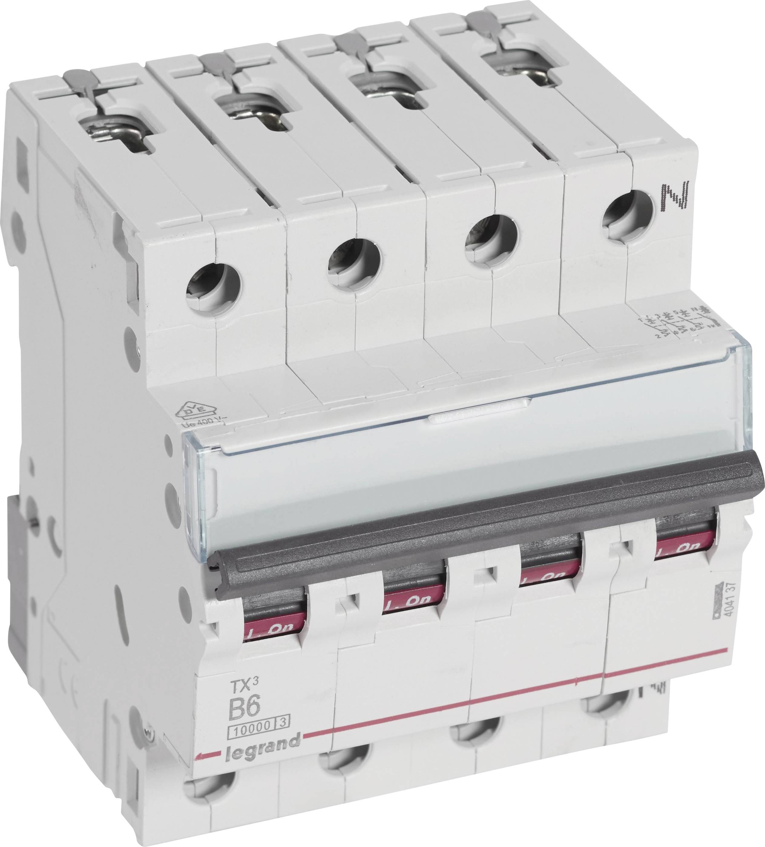CzteroPolowy wyłącznik ochronny firmy Legrand o prądzie znamionowym 6 amperów, przeznaczony do ochrony i sterowania obwodami elektrycznymi.
