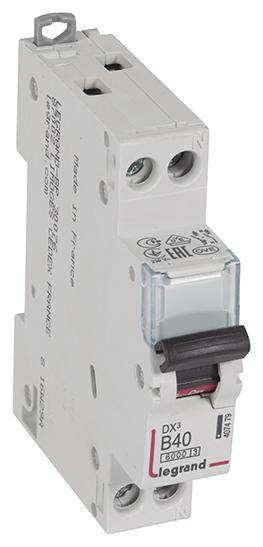 Automatyczny wyłącznik nadprądowy marki Legrand, typ DX3, B40, z zamontowaną dźwignią w pozycji czerwonej, przeznaczony do zabezpieczeń elektrycznych.