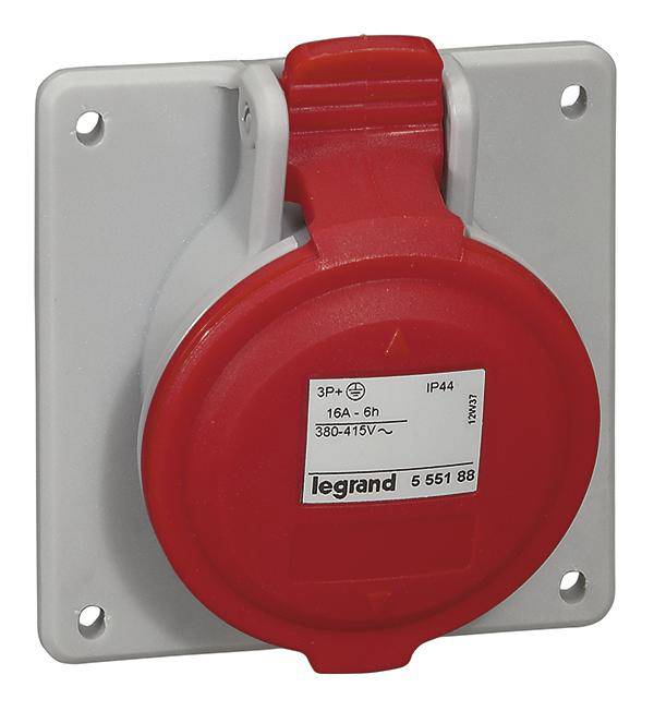 'Przemysłowe gniazdo wtykowe w kolorze czerwonym z klapką, odpowiednie dla napięcia 380-415V i 16A, producent: Legrand, do montażu naściennego.'