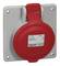 'Przemysłowe gniazdo wtykowe w kolorze czerwonym z klapką, odpowiednie dla napięcia 380-415V i 16A, producent: Legrand, do montażu naściennego.'