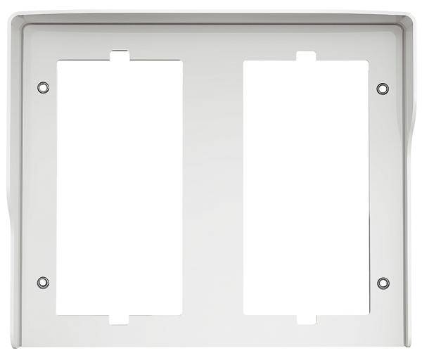 Podwójna rama wykonana z białego tworzywa sztucznego z dwoma prostokątnymi wycięciami i czterema otworami montażowymi, odpowiednia do mocowania urządzeń na ścianie.