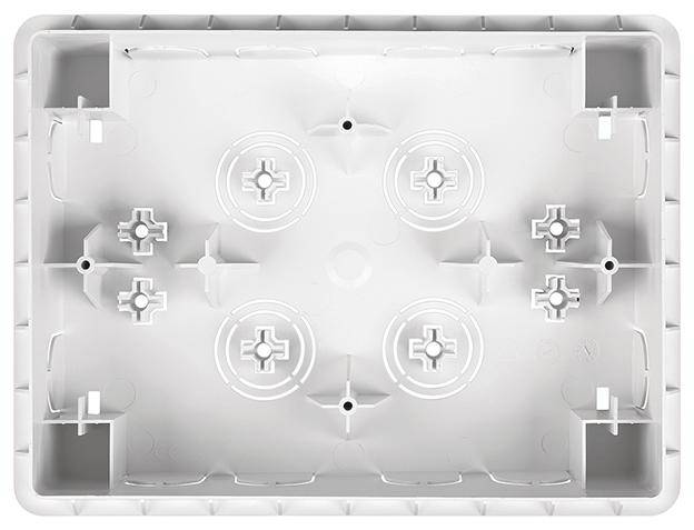 Pusta, prostokątna plastikowa skrzynka z okrągłymi i krzyżowymi mocowaniami na ściance wewnętrznej.