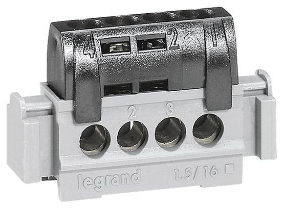 Złącze elektryczne Legrand 1.5/16 w kolorze szarym z czarnymi numerami 1, 2, 3, 4. Cztery otwory przyłączeniowe widoczne od spodu.