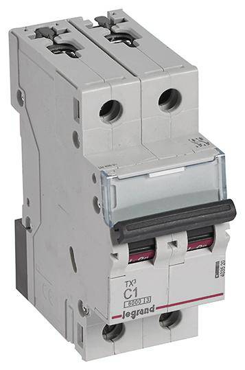 Dwubiegunowy wyłącznik nadmiarowo-prądowy marki Legrand, model TX1 C10, przeznaczony do zabezpieczania obwodów elektrycznych w budynkach.