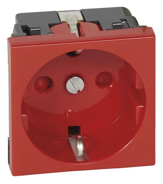 Czerwone gniazdo wtykowe z dwoma otworami na wtyczki i zaciskiem uziemiającym, odpowiednie do zastosowań przemysłowych.