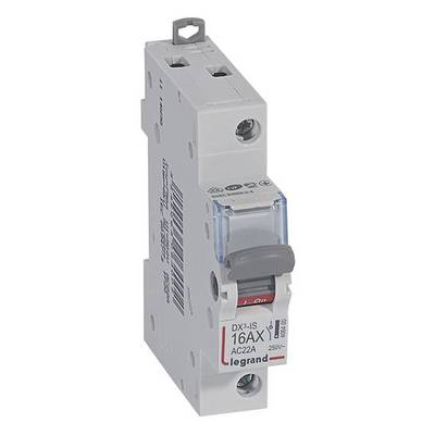 Jednobiegunowy wyłącznik nadprądowy firmy Legrand, model DX3-IS, 16A, 250V, z szarym przełącznikiem i czerwonymi wkładkami, przeznaczony do zabezpieczania obwodów elektrycznych.