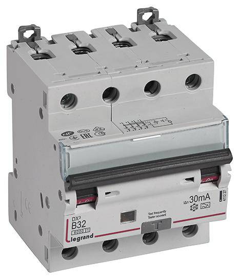 Trójbiegunowy wyłącznik nadmiarowo-prądowy firmy Legrand z oznaczeniem 'B32' i '30mA', stosowany do przerywania obwodów elektrycznych.