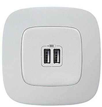 Ścienna wtyczka USB z dwoma portami do ładowania urządzeń. Kwadratowy design, odpowiedni do pomieszczeń mieszkalnych lub biurowych.