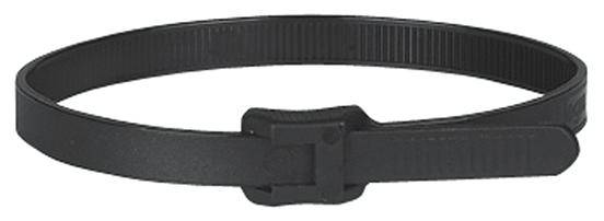 Czarna opaska zaciskowa ułożona w kształcie koła, jest zazwyczaj używana do wiązania przewodów lub mocowania.