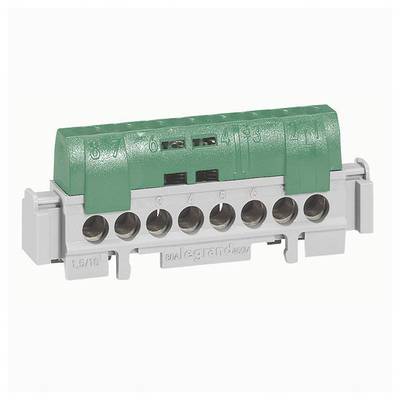 Zielony nośnik zabezpieczeń z wieloma złączami do przewodów elektrycznych, ponumerowany od 1 do 5. Stosowany w instalacjach elektrycznych.