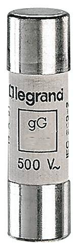 Cylindryczny bezpiecznik automatyczny firmy Legrand z oznaczeniem 'gG 500 V', stosowany do przerywania obwodów elektrycznych w przypadku przeciążenia.