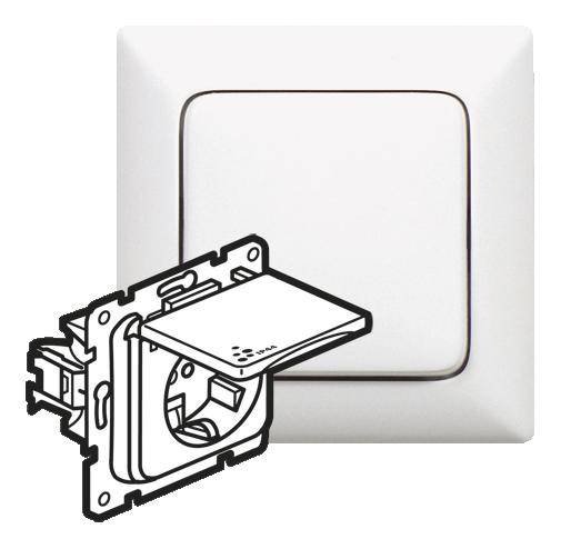 Biały włącznik światła w środku, obok niego techniczny rysunek gniazda elektrycznego z wymienną osłoną.