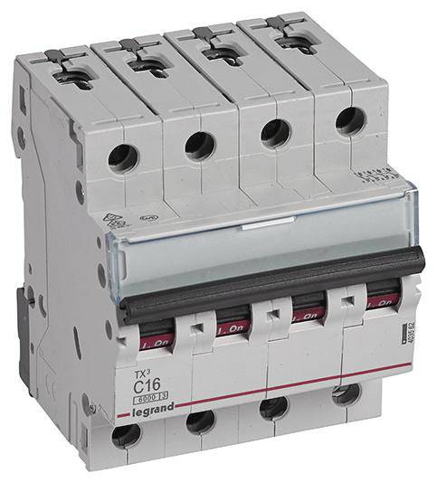 Szary, czteropolowy wyłącznik ochronny oznaczony symbolem 'C16'. Służy do izolacji i zabezpieczenia obwodów elektrycznych.