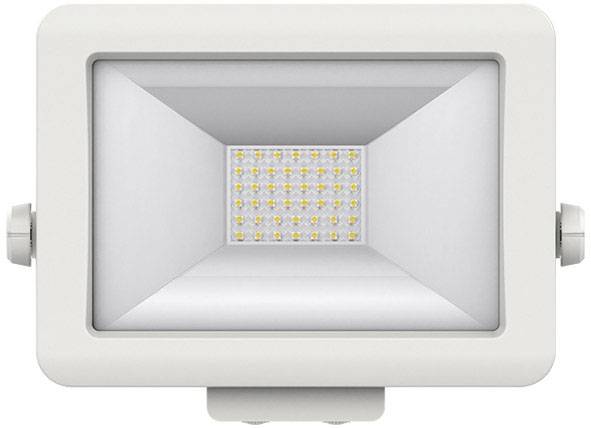 Biały naświetlacz LED o prostokątnym kształcie z wieloma diodami wewnątrz, przeznaczony do oświetlenia zewnętrznego.
