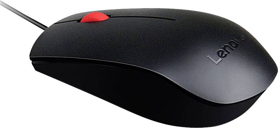 Czarna przewodowa mysz komputerowa z czerwonym kółkiem przewijania. Marka jest wygrawerowana na górnej powierzchni.
