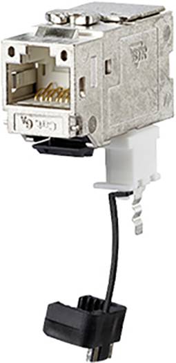 Srebrna wtyczka RJ45 z zintegrowanym kablem i czarną obudową ochronną.