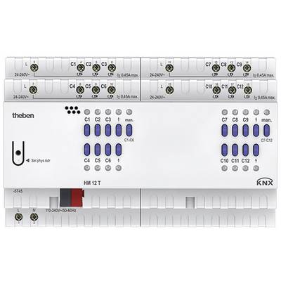 Elektryczne urządzenie rozdzielcze z wieloma obwodami i niebieskimi wskaźnikami świetlnymi. Widoczne napisy takie jak 'C1', 'C2' oraz 'man.'.