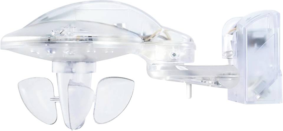 Przezroczyste, futurystyczne urządzenie z śmigłem i jednostką sensoryczną. Przeznaczone do monitorowania warunków środowiskowych, możliwe do zamontowania na ścianie.