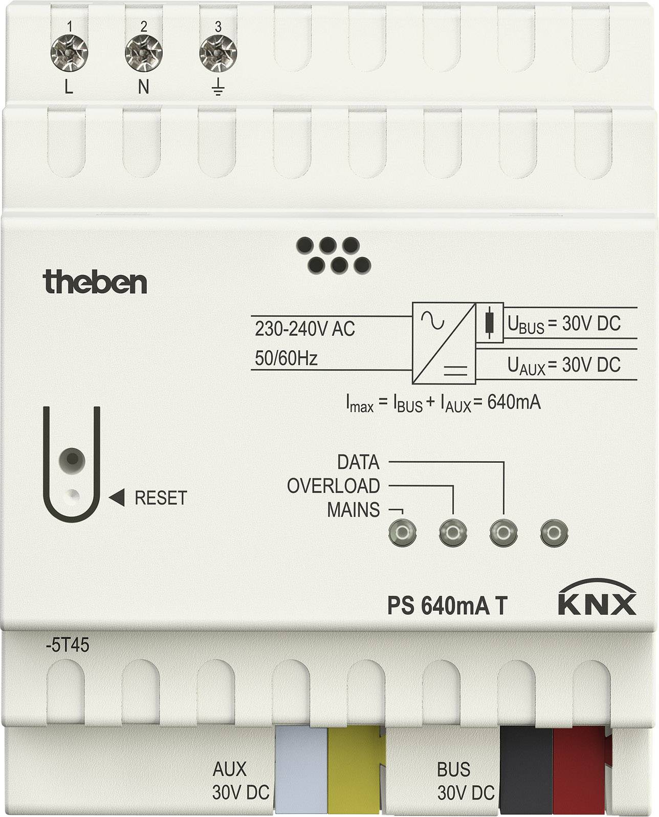 Obraz przedstawia zasilacz KNX firmy Theben, model PS 640mA T, przeznaczony dla napięcia 230-240V AC i częstotliwości 50/60Hz. Posiada przycisk resetowania oraz trzy kolorowo oznaczone wyjścia: AUX 30V DC, BUS 30V DC.