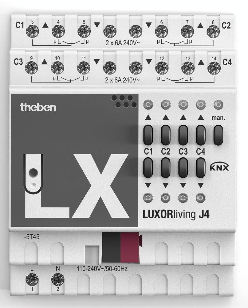 Biała skrzynka sterowania automatyką z czarnym obszarem w lewym górnym rogu, oznaczona napisami 'theben' i 'LX'. Zawiera elementy sterujące i opisy dotyczące 'LUXORliving J4'.